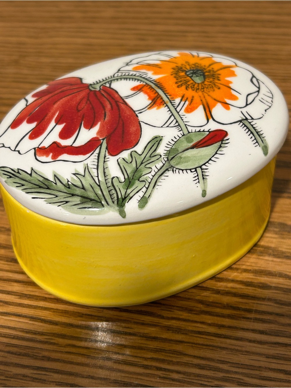 Hand-Painted Poppy Ceramic Trinket Box in Yellow